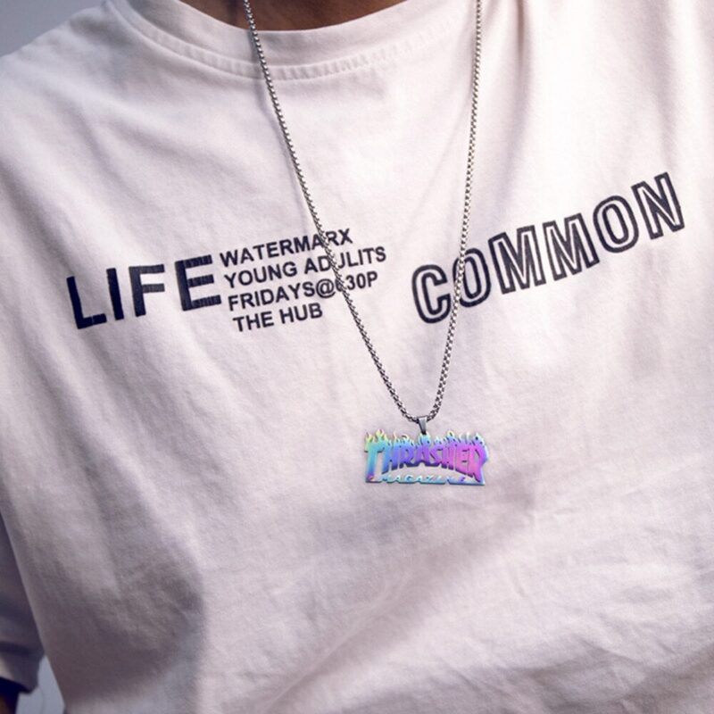 Thrasher Street Hip-Hop Rock Jewerly Men Women Stainless Steel Quenched Letter Magazine Flame Pendant Necklaces