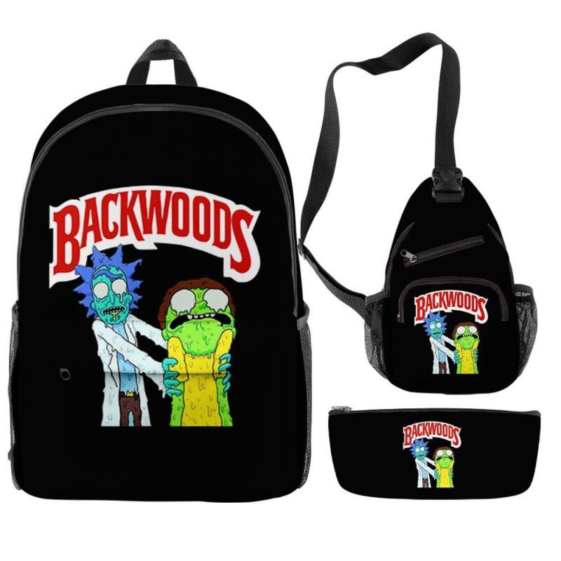 3Pcs/Set Rick Morty Cartoon Print Backpack Casual BACKWOODS Graphic Bag