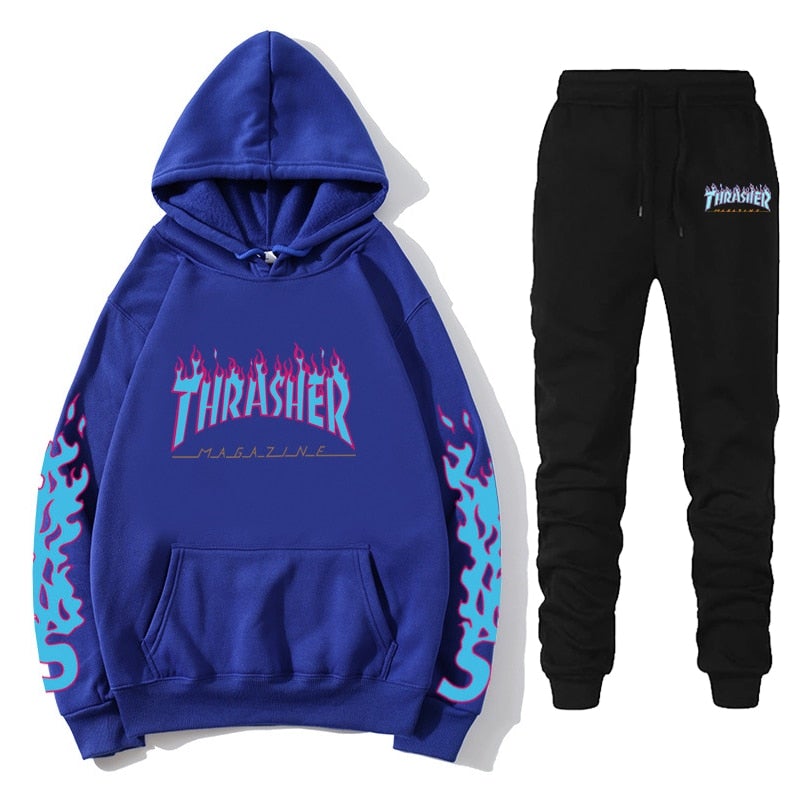Thrasher Flame Printed Casual Hoodies Fashion Tracksuit  Sets  Pullover Couple Hoodies Sweatpants Suit