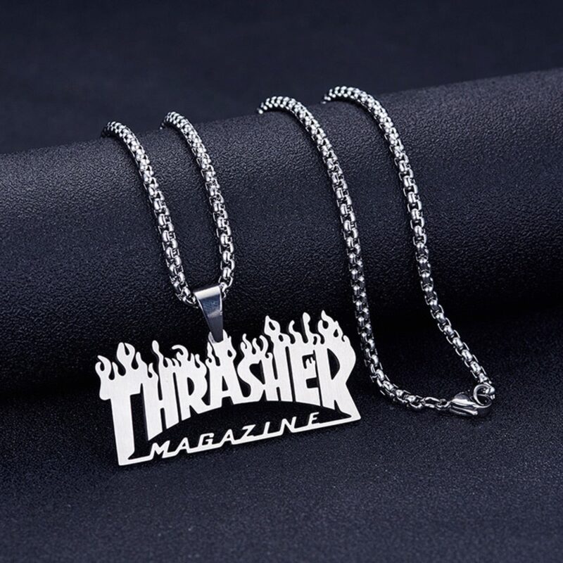 Thrasher Street Hip-Hop Rock Jewerly Men Women Stainless Steel Quenched Letter Magazine Flame Pendant Necklaces