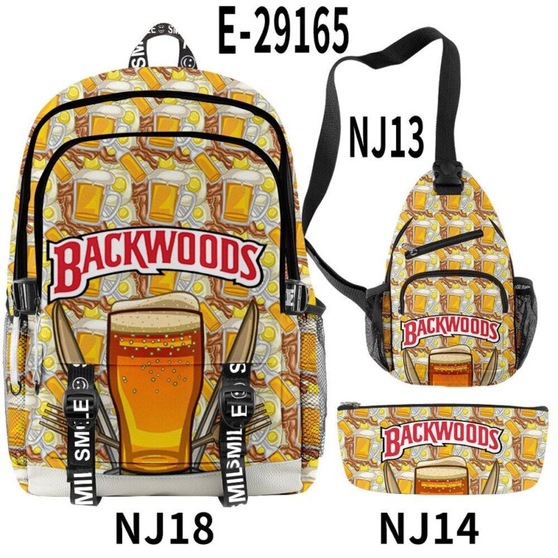 3D Printed Popular New BACKWOODS Beer Surrounding Cool And Simple Backpack Set For Men And Women With USB Charging 3PCS