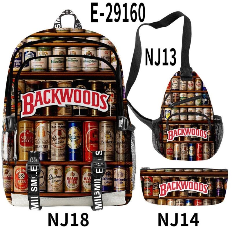 3D Printed Popular New BACKWOODS Beer Surrounding Cool And Simple Backpack Set For Men And Women With USB Charging 3PCS