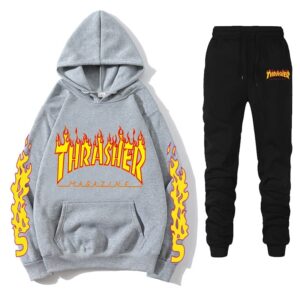 Thrasher Winter Fashion Tracksuit Sets Flame Printed Men Women's Casual Hoodies Pullover Couple Hoodies Sweatpants Suit