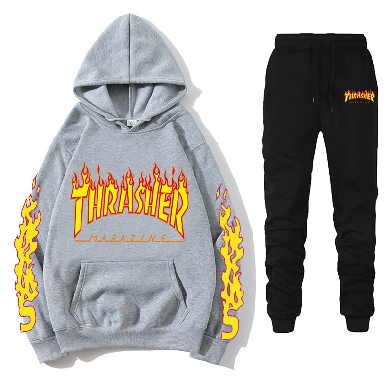 Thrasher Winter Fashion Tracksuit Sets  Flame Printed Men Women's Casual Hoodies Pullover Couple Hoodies Sweatpants Suit