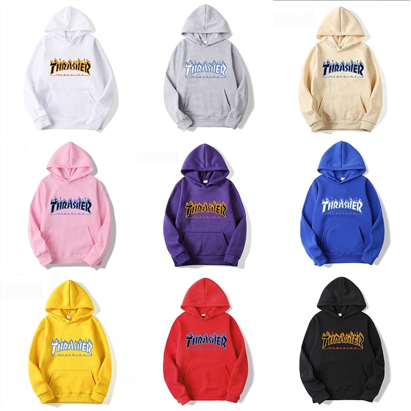 Thrasher Man Casual Print Pullover Hoodies Male Fashion Fire Flame Printing Hooded Sweatshirt Men and Women Street Couples Tops