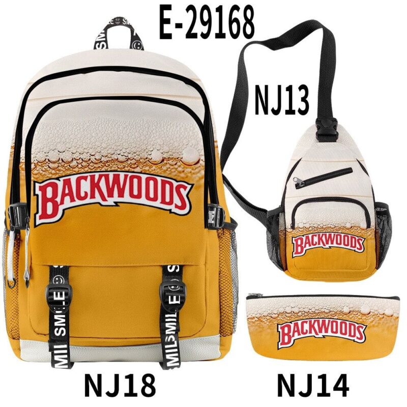 3D Printed Popular New BACKWOODS Beer Surrounding Cool And Simple Backpack Set For Men And Women With USB Charging 3PCS