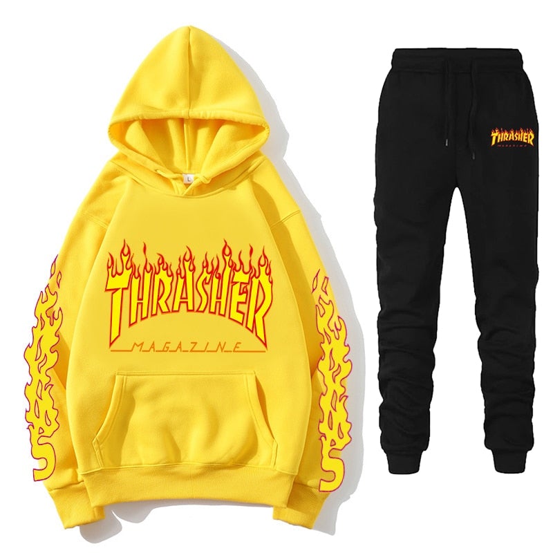 Thrasher Flame Printed Casual Hoodies Fashion Tracksuit  Sets  Pullover Couple Hoodies Sweatpants Suit