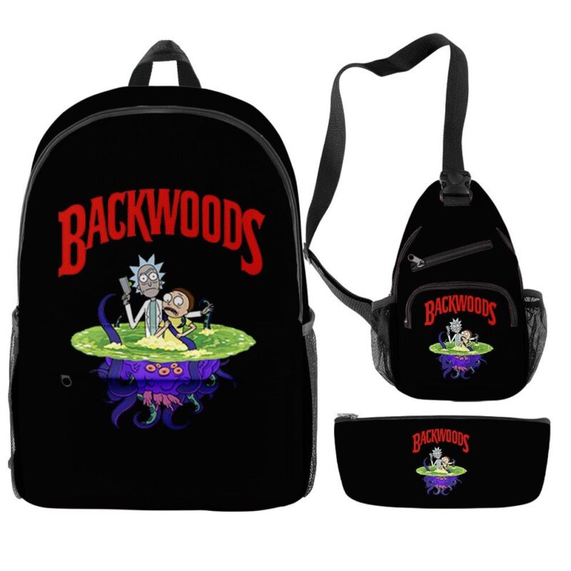 3Pcs/Set Rick Morty Cartoon Print Backpack Casual BACKWOODS Graphic Bag