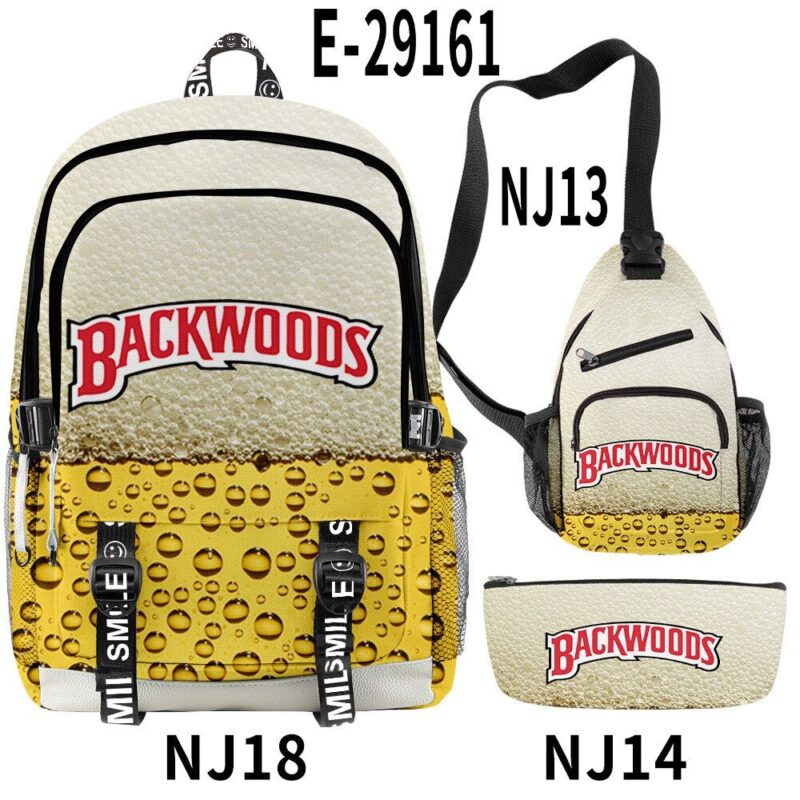 3D Printed Popular New BACKWOODS Beer Surrounding Cool And Simple Backpack Set For Men And Women With USB Charging 3PCS
