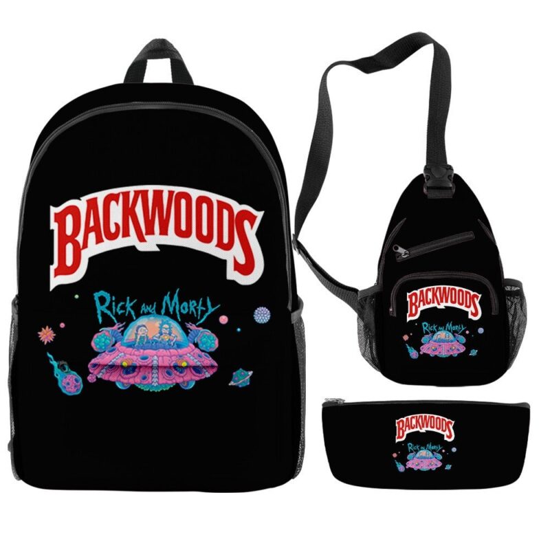 3Pcs/Set Rick Morty Cartoon Print Backpack Casual BACKWOODS Graphic Bag