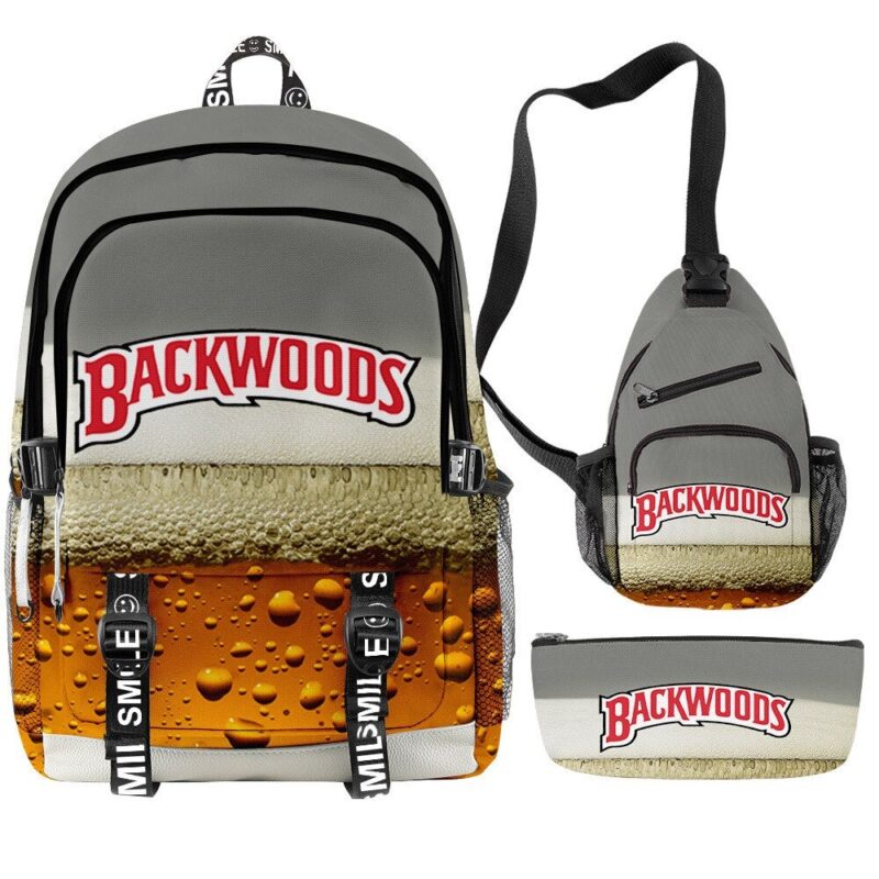 3D Printed Popular New BACKWOODS Beer Surrounding Cool And Simple Backpack Set For Men And Women With USB Charging 3PCS
