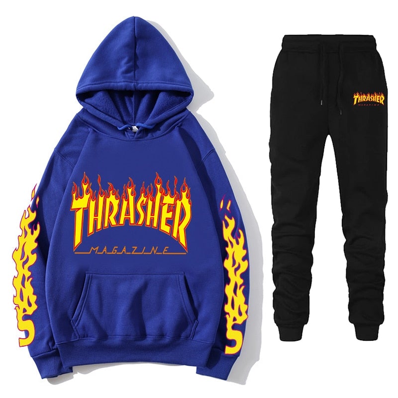 Thrasher Winter Fashion Tracksuit Sets  Flame Printed Men Women's Casual Hoodies Pullover Couple Hoodies Sweatpants Suit