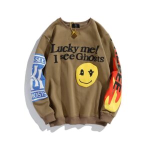 Smiley Flame Print Round Neck Sweatshirt Men and Women Plus Velvet Streetwear