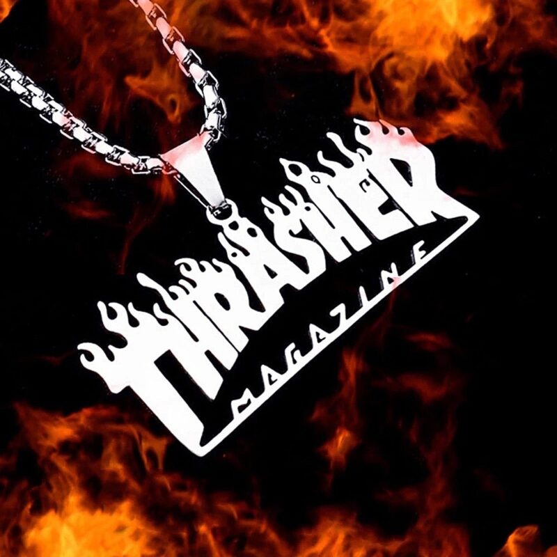 Thrasher Street Hip-Hop Rock Jewerly Men Women Stainless Steel Quenched Letter Magazine Flame Pendant Necklaces