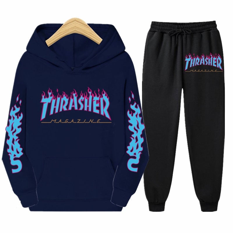 thrasher flame sweater European and American trend casual jacket hoodie + casual pants suit unisex