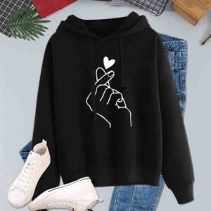 Women's Harajuku Hoodies Casual Kpop Finger Heart Love Print Hooded Sweatshirts