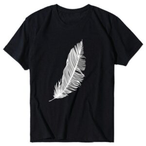 Women Casual Harajuku Fashion T-shirt Feather Print Loose O-neck Short Sleeve Elastic Stretched