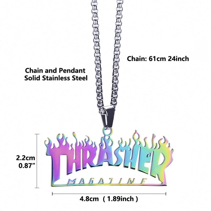 Thrasher Street Hip-Hop Rock Jewerly Men Women Stainless Steel Quenched Letter Magazine Flame Pendant Necklaces
