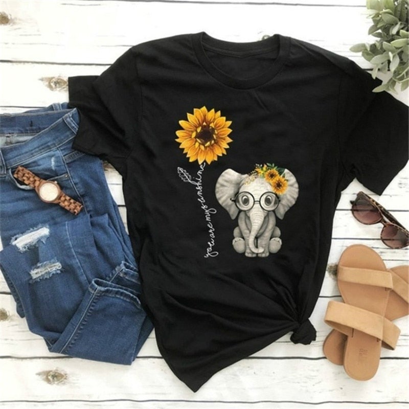 Elephant Sunflower Print Tshirt Women Casual Short Sleeve O Neck Tee Tops Cartoon Cute T-shirts