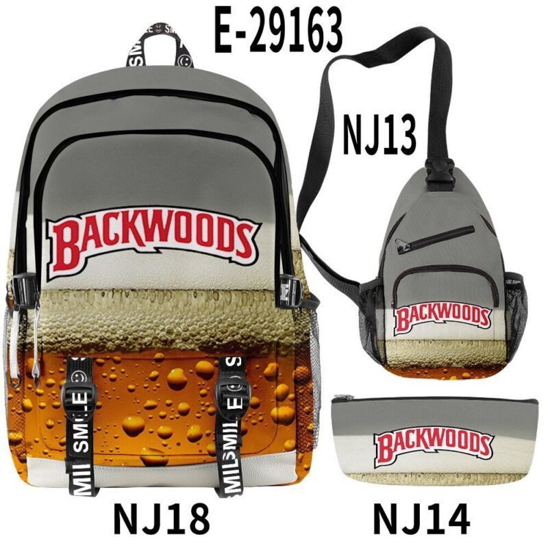 3D Printed Popular New BACKWOODS Beer Surrounding Cool And Simple Backpack Set For Men And Women With USB Charging 3PCS