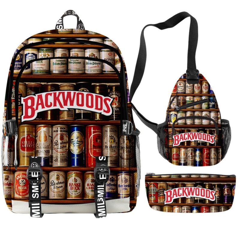 3D Printed Popular New BACKWOODS Beer Surrounding Cool And Simple Backpack Set For Men And Women With USB Charging 3PCS