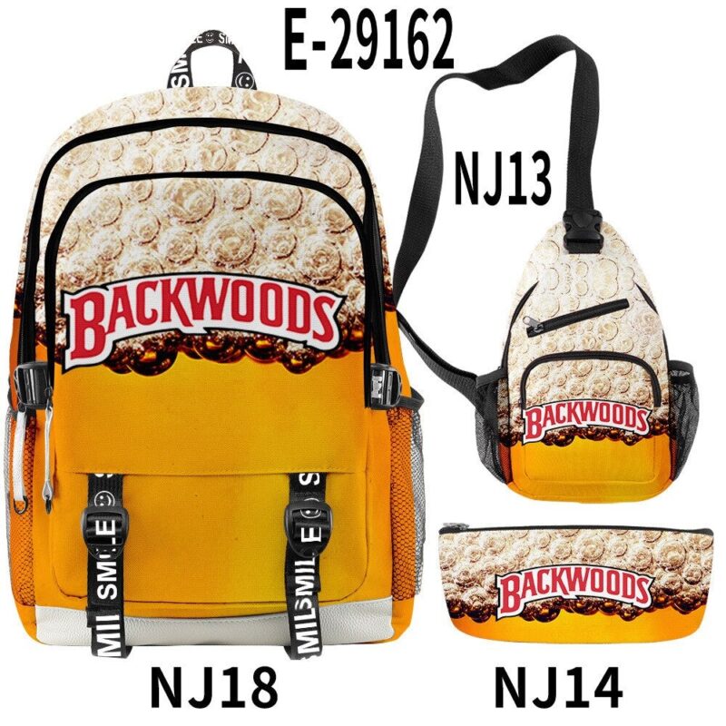 3D Printed Popular New BACKWOODS Beer Surrounding Cool And Simple Backpack Set For Men And Women With USB Charging 3PCS