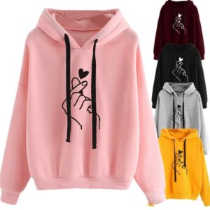 Women's Harajuku Hoodies Casual Kpop Finger Heart Love Print Hooded Sweatshirts