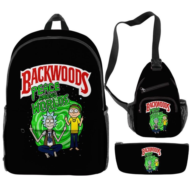 3Pcs/Set Rick Morty Cartoon Print Backpack Casual BACKWOODS Graphic Bag