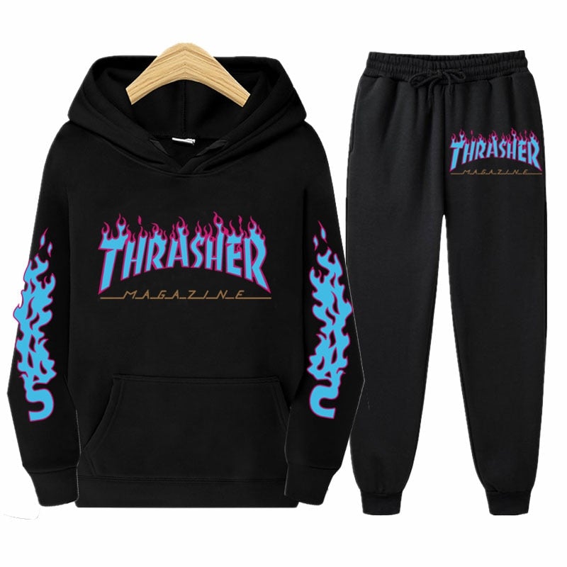 thrasher flame sweater European and American trend casual jacket hoodie + casual pants suit unisex