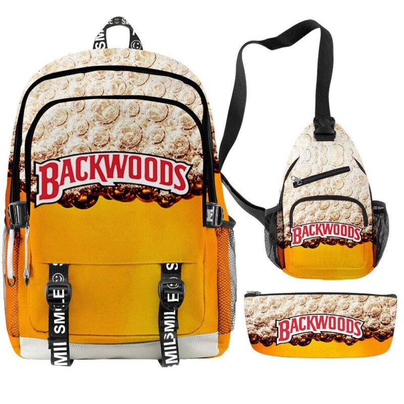 3D Printed Popular New BACKWOODS Beer Surrounding Cool And Simple Backpack Set For Men And Women With USB Charging 3PCS