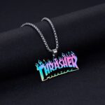 Thrasher Street Hip-Hop Rock Jewerly Men Women Stainless Steel Quenched Letter Magazine Flame Pendant Necklaces