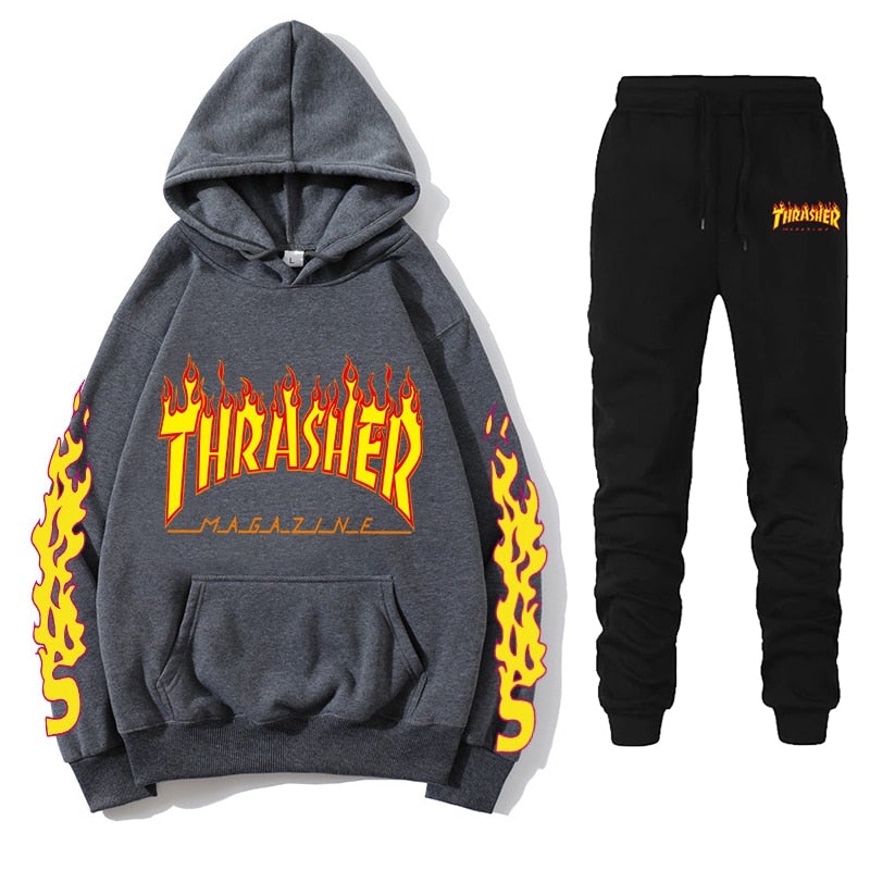 Thrasher Flame Printed Casual Hoodies Fashion Tracksuit  Sets  Pullover Couple Hoodies Sweatpants Suit