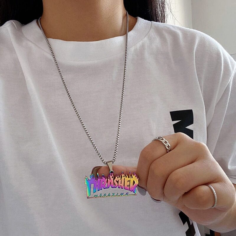 Thrasher Street Hip-Hop Rock Jewerly Men Women Stainless Steel Quenched Letter Magazine Flame Pendant Necklaces