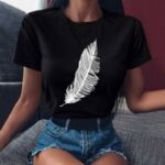 Women Casual Harajuku Fashion T-shirt Feather Print Loose O-neck Short Sleeve Elastic Stretched