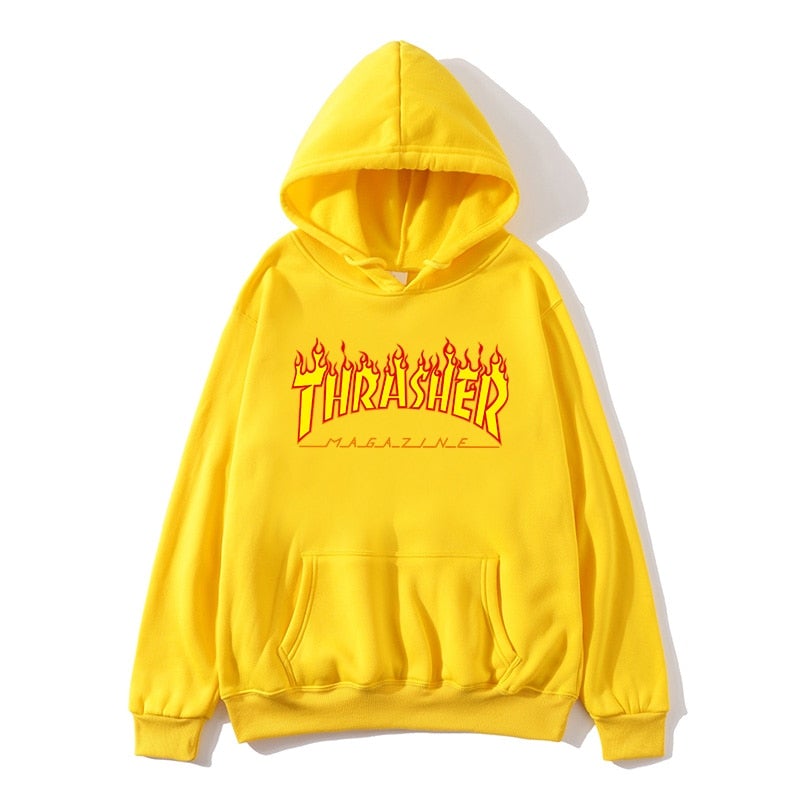 Men's hoodies European and American fall/winter popular pullovers yellow flame print ladies hip-hop hoodies couple sweatshirts