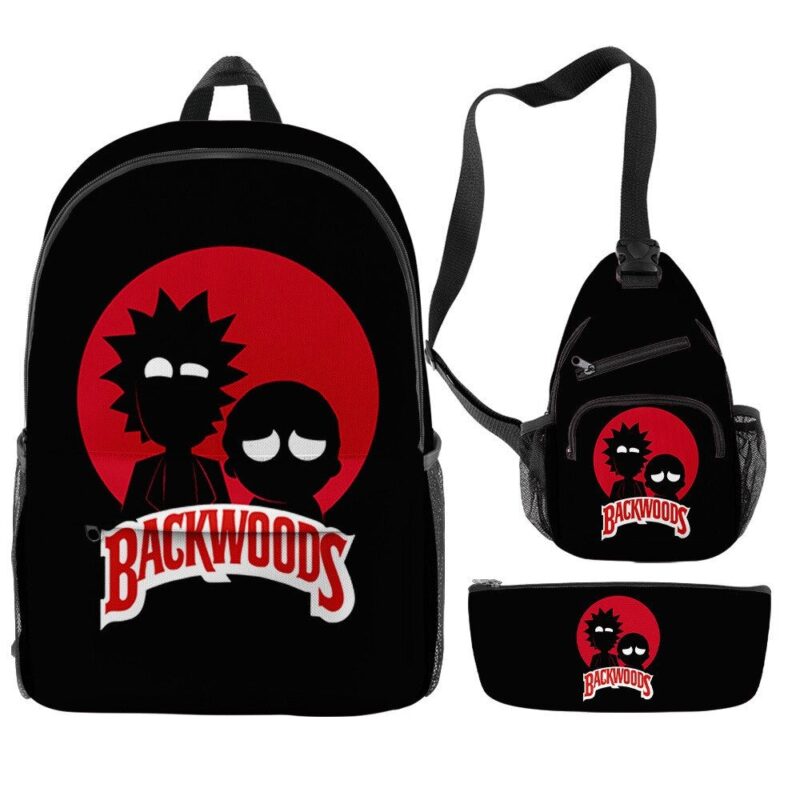 3Pcs/Set Rick Morty Cartoon Print Backpack Casual BACKWOODS Graphic Bag
