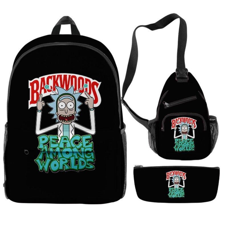 3Pcs/Set Rick Morty Cartoon Print Backpack Casual BACKWOODS Graphic Bag