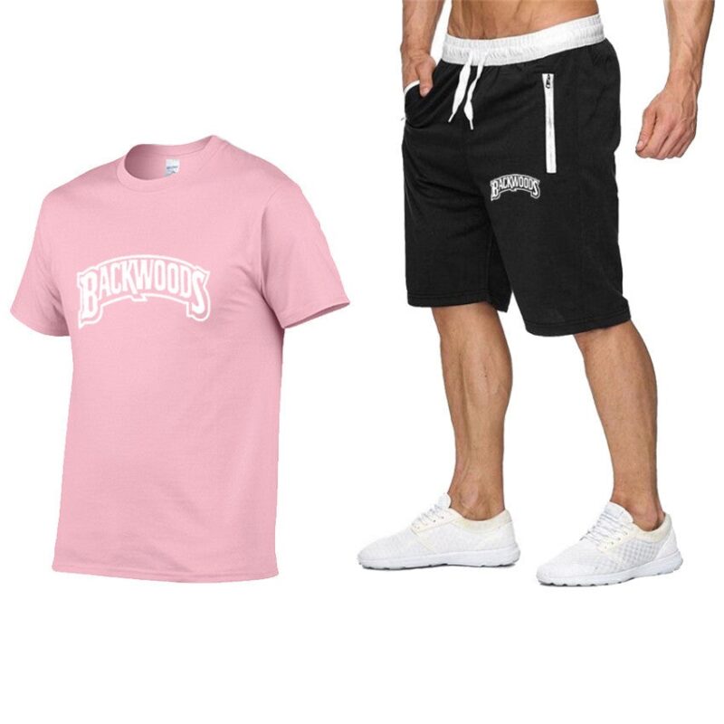 Backwoods Men's Casual Sports Suit Zipper Shorts + T-shirt Men's Suit （White letters）