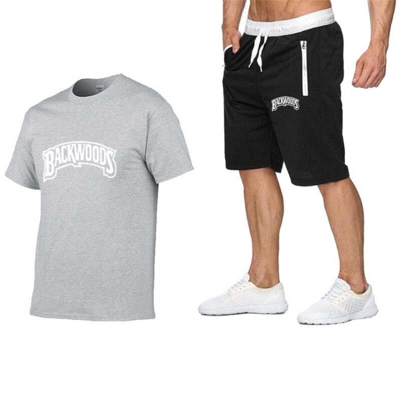Backwoods Men's Casual Sports Suit Zipper Shorts + T-shirt Men's Suit （White letters）