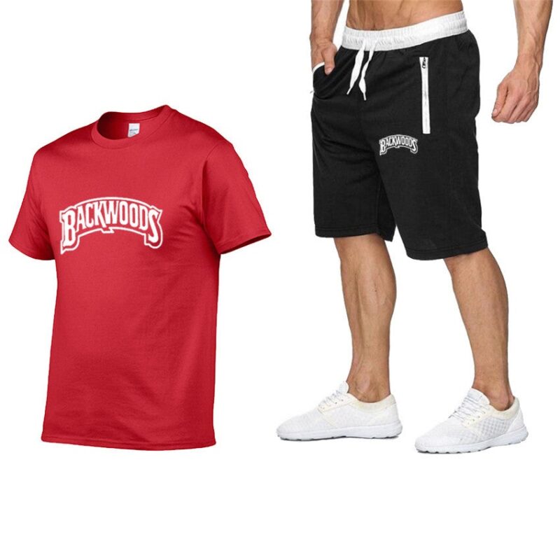 Backwoods Men's Casual Sports Suit Zipper Shorts + T-shirt Men's Suit （White letters）