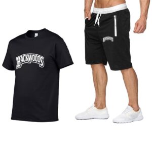 Backwoods Men's Casual Sports Suit Zipper Shorts + T-shirt Men's Suit （White letters）