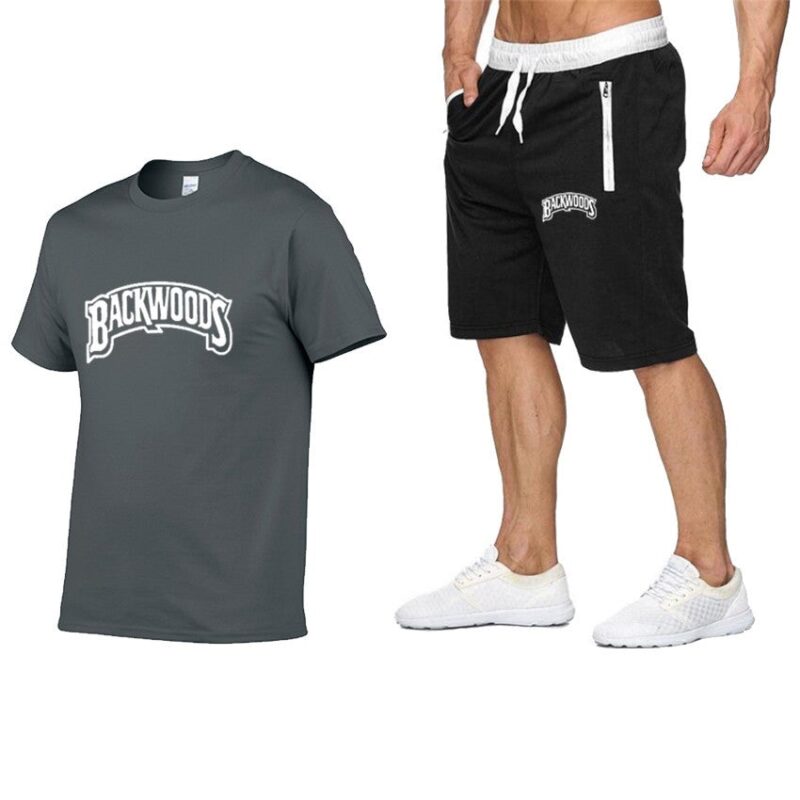 Backwoods Men's Casual Sports Suit Zipper Shorts + T-shirt Men's Suit （White letters）