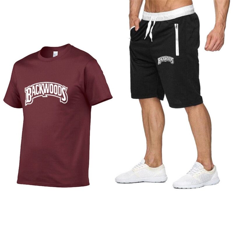 Backwoods Men's Casual Sports Suit Zipper Shorts + T-shirt Men's Suit （White letters）