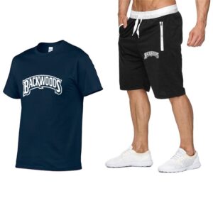 Backwoods Men's Casual Sports Suit Zipper Shorts + T-shirt Men's Suit （White letters）