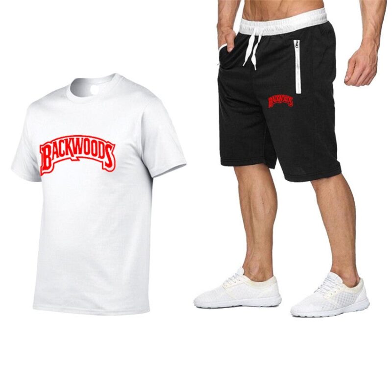 Men's Backwoods T-shirt + Zipper Shorts Sports Suit （Red Letters）