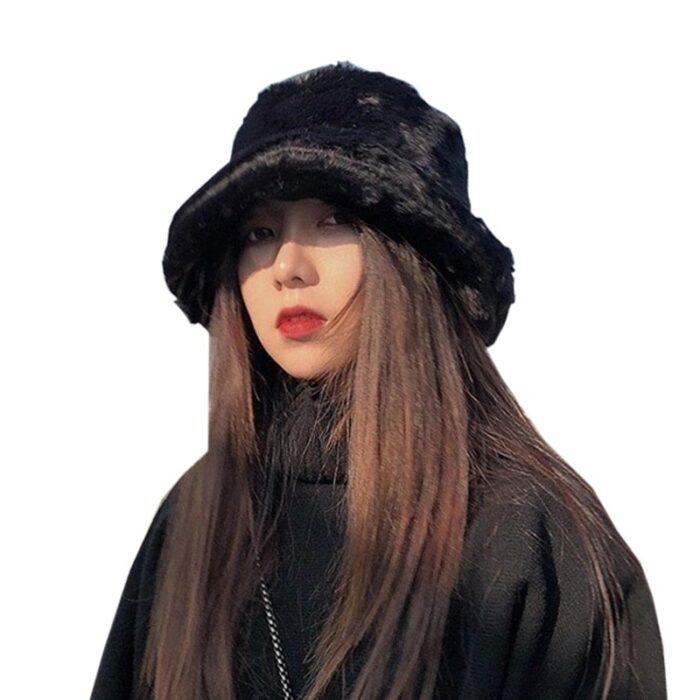 2020 New Korean Fisherman Hat Winter Faux Fur White Black Bucket Hat For Women Men Panama 1
