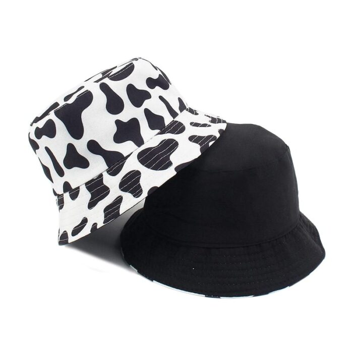 2021 New Fashion Reversible Black White Cow Print Bucket Hat Panama Summer Sun Caps For Women